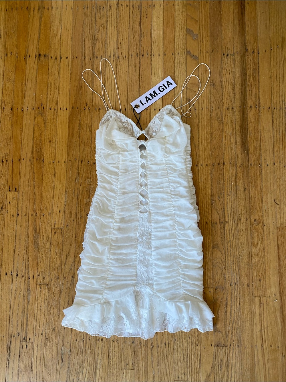 I.AM.GIA Cream Ruched Lace-Trim Mini Dress